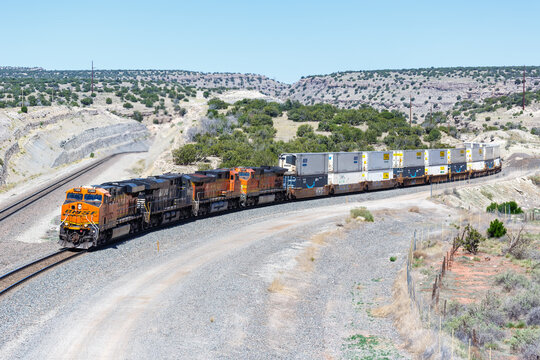 BNSF Railway freight train at Abo pass in New Mexico, United States