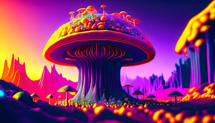 Fototapeta na wymiar alien planet fluorescent avatar style jungle, , mushroom cloud, purple and orange,,AI generated