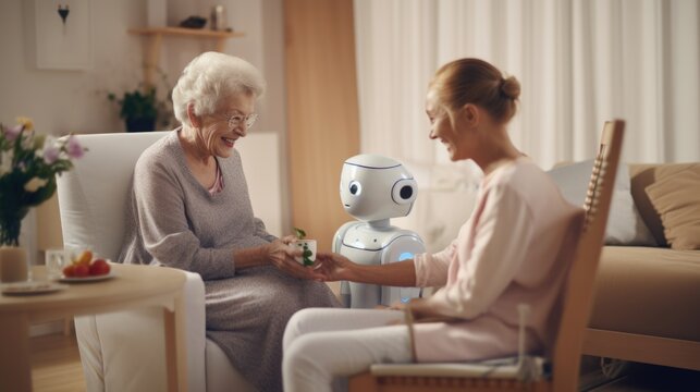 Robot Caregiver Assisting Elderly Retired Woman at Home generative AI