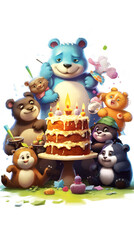 A group of cartoon bears standing around a birthday cake. Generative AI. Happy Birthday cute greeting card.