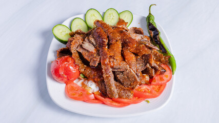 Beef portion doner kebab in plate top view