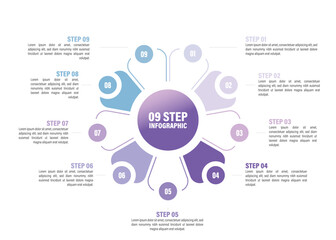 circle Pie charts for infographics. Elements with 2, 3, 4, 5, 6, 7, 8, 9, 10 steps, options.