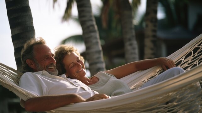 Happy Old Retired Couple Resting on Hammock During Romantic Honeymoon Beach Vacation generative AI