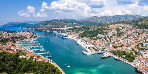 Dubrovnik marina and harbor at Mediterranean sea vacation Dalmatia aerial photo view panorama in...