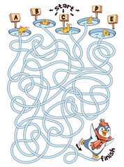 Children logic game to pass the maze. Penguin skates on ice. Educational game for kids. Attention task. Choose right path. Funny cartoon character. Isolated on white background. Worksheet page