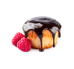 Cupcake in chocolate glaze and raspberry filling on a white background