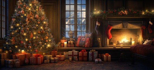 Fototapeta na wymiar Warm and cozy ambiance with a glowing Christmas tree and fireplace.