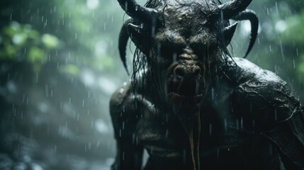 Scary Creepy Demon in Rainy Jungle generative AI.