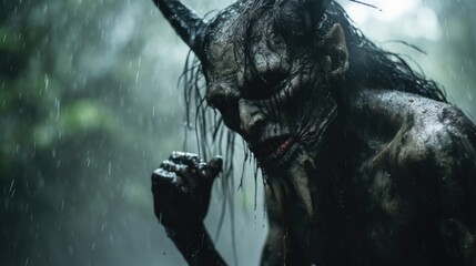 Naklejka premium Scary Creepy Demon in Rainy Jungle generative AI.