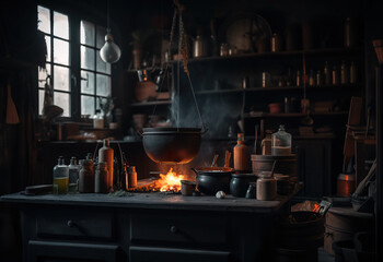 A kitchen with a fire in the middle of it. AI generative.