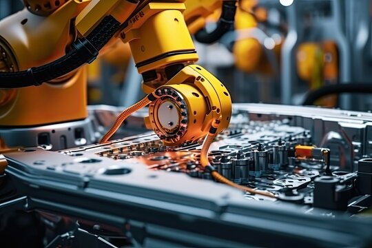 Orange Robotic arm manufacturing Electric vehicle battery at a giga factory, Green energy vehicle revolution, Net zero carbon emission 2050 ESG goal