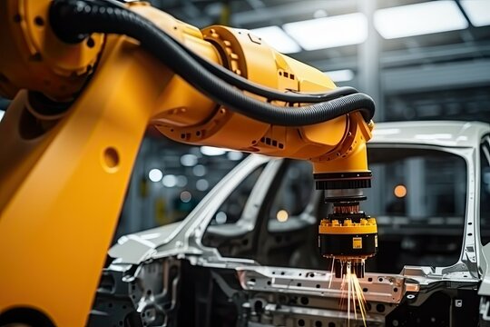 Orange Robotic arm manufacturing Electric vehicle battery at a giga factory, Green energy vehicle revolution, Net zero carbon emission 2050 ESG goal