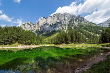 The green lake (Grüner See) near Tragöss, in styria, austria in summer with low water level