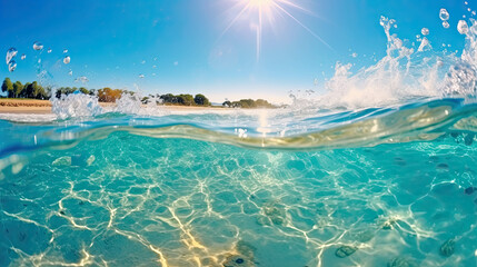 Splash of beautiful clear water in the ocean with landscape on background