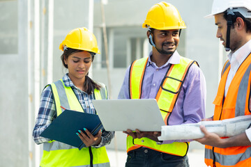Professional Mechanical Engineer team Working on Personal laptop computer at Prefabricated concrete factory Heavy industrial. Product quality Inspection. Unity and teamwork concept