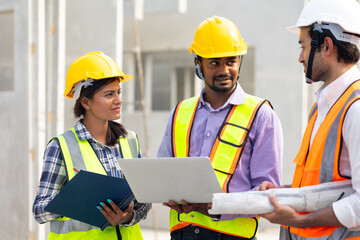 Professional Mechanical Engineer team Working on Personal laptop computer at Prefabricated concrete factory Heavy industrial. Product quality Inspection. Unity and teamwork concept