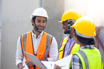 Professional Mechanical Engineer team Working on Personal laptop computer at Prefabricated concrete factory Heavy industrial. Product quality Inspection. Unity and teamwork concept