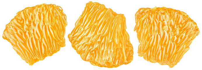 Flesh of orange clementine citrus fruit isolated on transparent background. Tangerine pulp. Set of mandarin