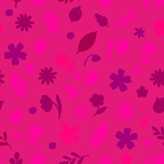 Fototapeta na wymiar Cute floral seamless pattern with monochrome doodle flowers in pink shades on bright background. Girlish botanical fashion print