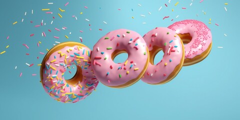 3D flying frosted sprinkled donuts on a blue background