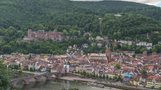 Heidelberg Germany time lapse 4K, city skyline timelapse at Neckar River with Alte Old Bridge and Heidelberg Schloss Castle