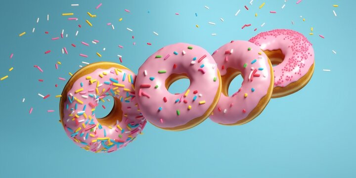 3D flying frosted sprinkled donuts on a blue background