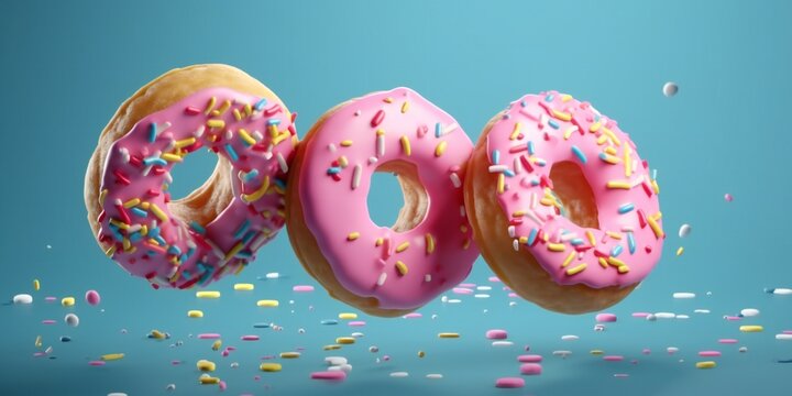 3D flying frosted sprinkled donuts on a blue background