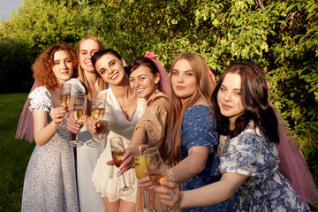 Happy charming bride in white dress with white veil and bridesmaids with pink veils raise champagne glasses, hugging and smiling. Cheerful bachelorette party in a summer park.