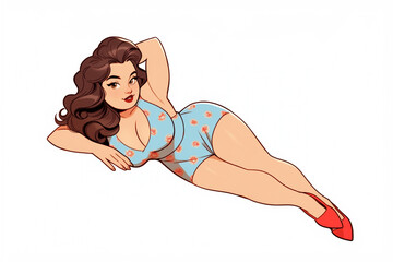 Brunette girl posing in swimsuit. Pin up style illustration. Created with Generative AI.
