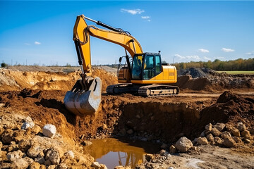 Excavator working on a construction site. Heavy duty construction equipment at work.Generative AI technology.
