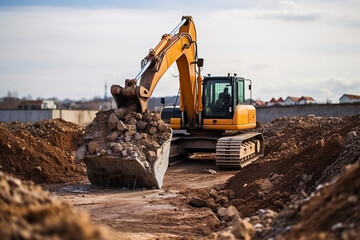 Obraz premium Excavator working on a construction site. Heavy duty construction equipment at work.Generative AI technology.