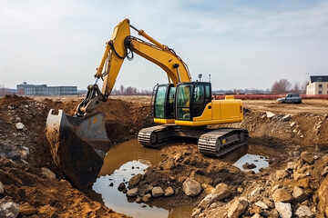 Excavator working on a construction site. Heavy duty construction equipment at work.Generative AI technology.