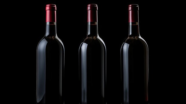 Three bottles of red wine, dark glass bottle without label mock up