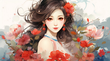 Hand-drawn cartoon beautiful illustration of a girl in ancient Chinese costume among flowers 