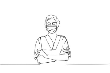 Doctor, medical uniform, nurse, protection, hygiene, sterility, medical supplies, equipment one line art. Continuous line drawing of medication, clinical, disposable, tool, surgery, pandemic, virus