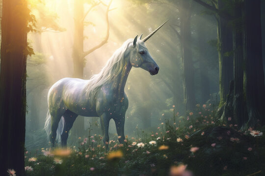 Unicorn in magical the forest. Fairy tale fantasy style. By Generative AI.