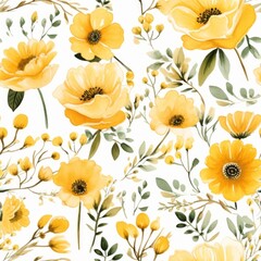 Delicate yellow watercolor flowers seamless pattern on white background, Generative AI