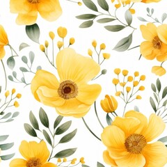 Fototapeta na wymiar Delicate yellow watercolor flowers seamless pattern on white background, Generative AI