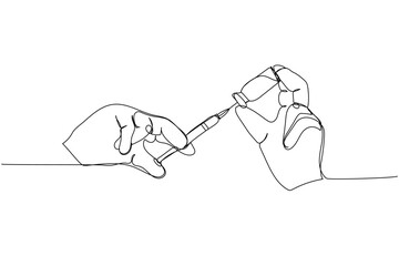 Vaccination, medicine ampoules with a syringe needle, vaccine, draw the vaccine into a syringe one line art. Continuous line drawing of treatment, medication, pharmaceutical, medical, therapy, allergy