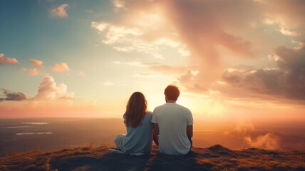 romantic couple,woman and man watching sunset or sunrise on beautiful summer sky ,romance background 
