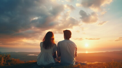 Fototapeta na wymiar romantic couple,woman and man watching sunset or sunrise on beautiful summer sky ,romance background 