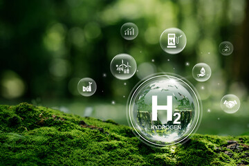 H2 hydrogen innovation zero emissions technology.Globe Glass with H2 icons. Reduce carbon dioxide and greenhouse gases production fuel station. renewable fuel green energy.Green hydrogen. - obrazy, fototapety, plakaty