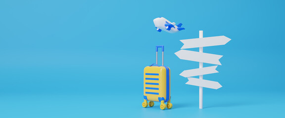 Tourism and travel planning tour and luggage with white signpost on pastel blue background. Leisure touring holiday concept. road sign, airplane, suitcase and coppy space. Business concept. 3d render