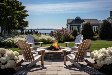 Cape Cod Coastal Escape: Adirondack Chairs Around Fire Pit with Ocean View in Cottage Backyard