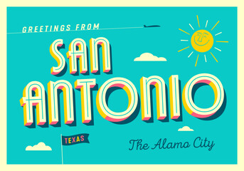 Greetings from San Antonio, Texas, USA - The Alamo city - Wish you were here! - Touristic Postcard. - obrazy, fototapety, plakaty