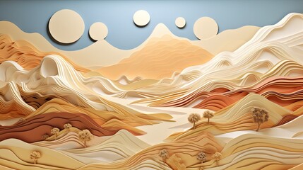 Landscape of fictional sculptures and buildings in desert.	