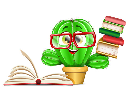 Funny nerd cactus character with red eyeglasses and books. Knowledge, education concept