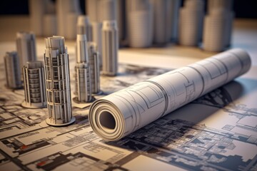 Rolls of construction drawings on the background of the building. . Real estate development concept. Generative AI technology.
