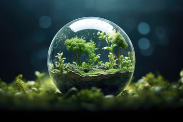 A globe with a living green plant is made of a glass with a green leaf surrounding it. Generative AI