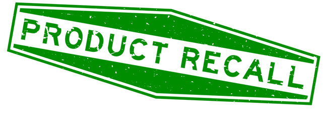Grunge green product recall word hexagon rubber seal stamp on white background